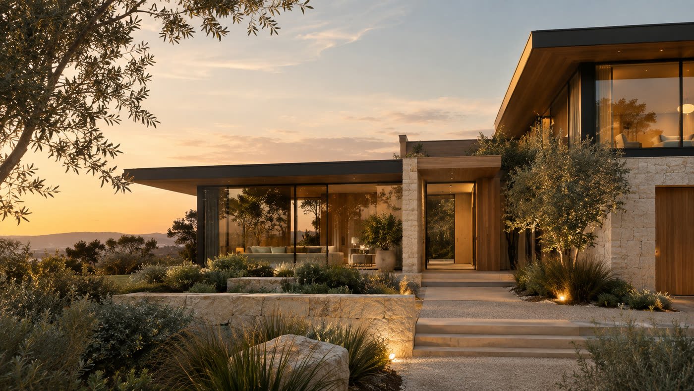 Styled concept — a twilight exterior shot for the kind of home a listing site would sell