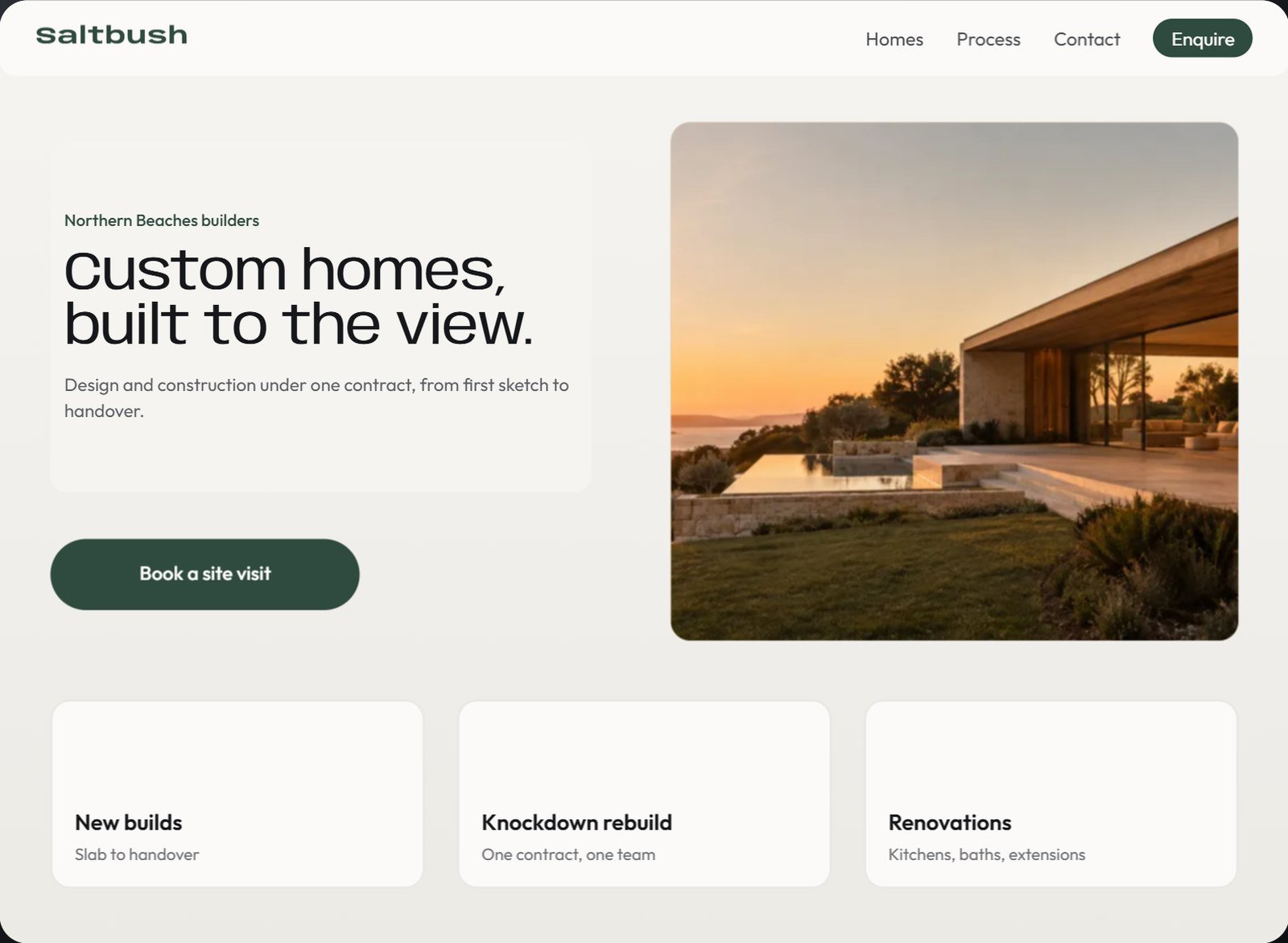 Concept home page for a Northern Beaches builder: a headline, a twilight photograph of a house and three service tiles