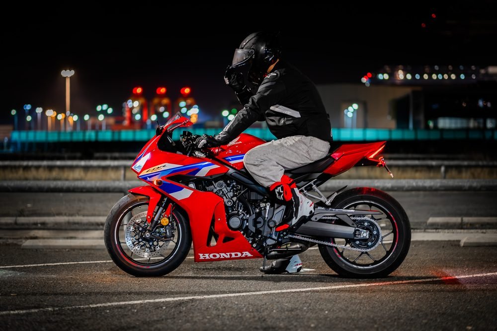 Sportbike photographed head-on after dark