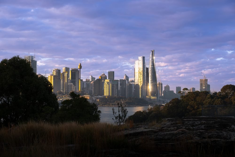 Sydney CBD skyline and Barangaroo at sunset seen across the harbour